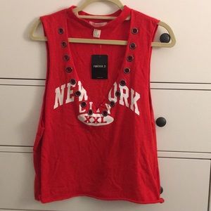 NWT Forever 21 Red Deep V NY Choker Tank Top